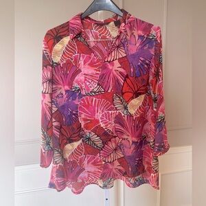 Investments XL Tropical Pinks Purples Bold Abstract Palm Trees popover blouse